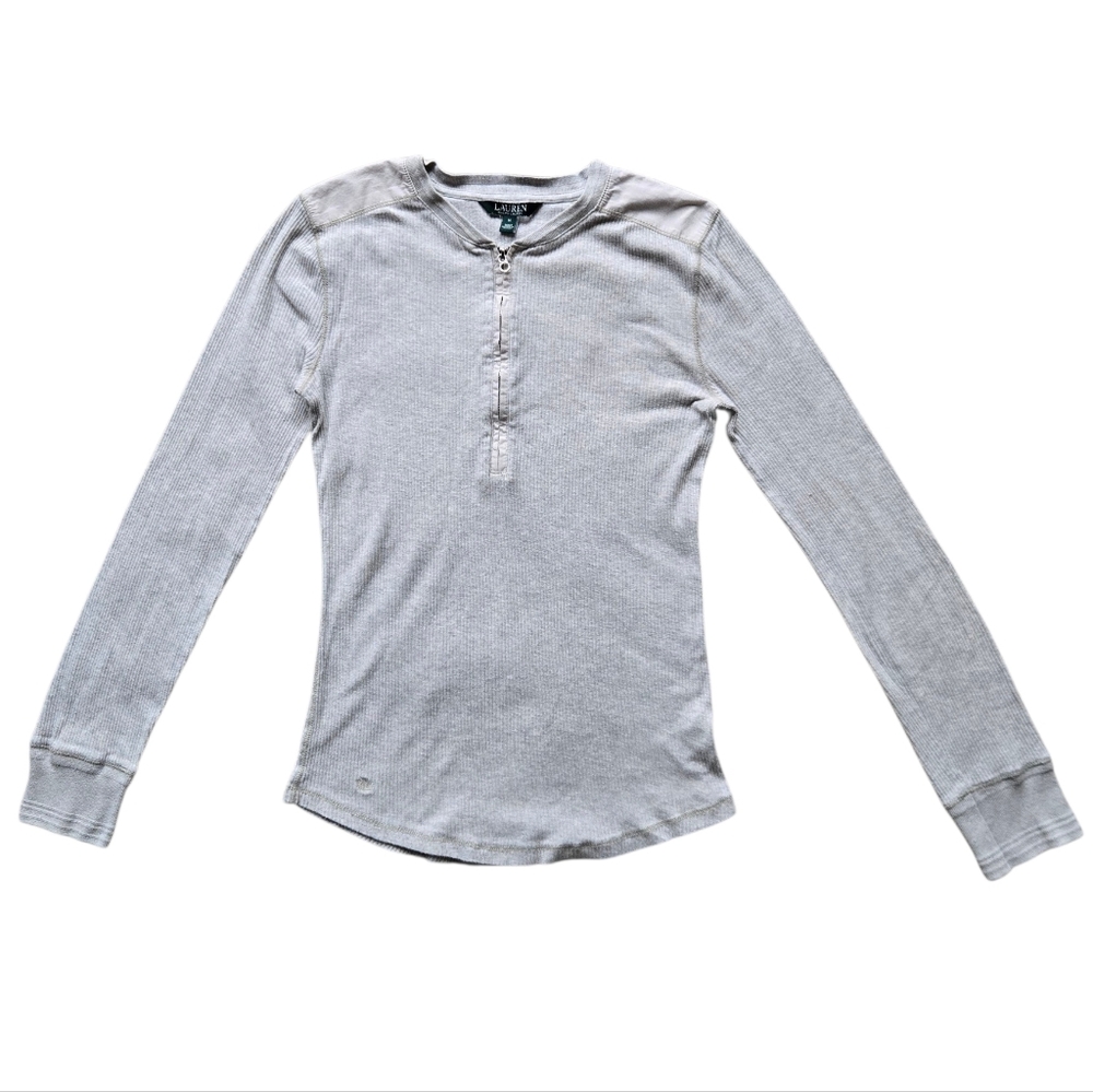 Lauren Ralph Lauren Cotton Heather Grey Zippered Henley Long Sleeve T Shirt